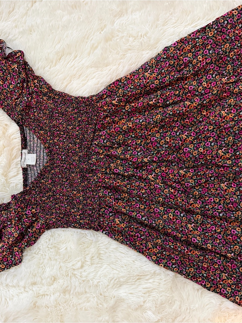 Girls Floral Smocked Waist Dress in Black with Pink & Orange Flowers